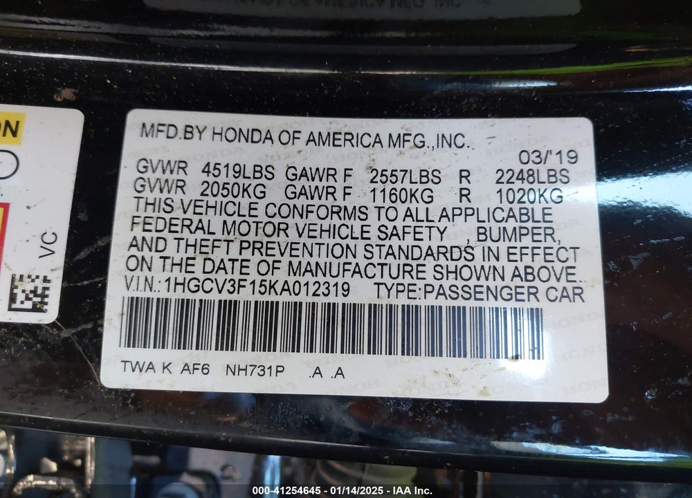 2019 HONDA ACCORD HYBRID VIN: 1HGCV3F15KA012319