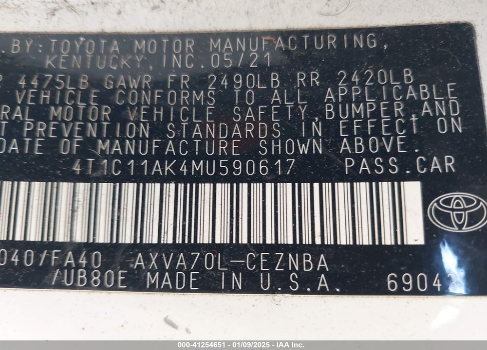 2021 TOYOTA CAMRY VIN: 4T1C11AK4MU590617