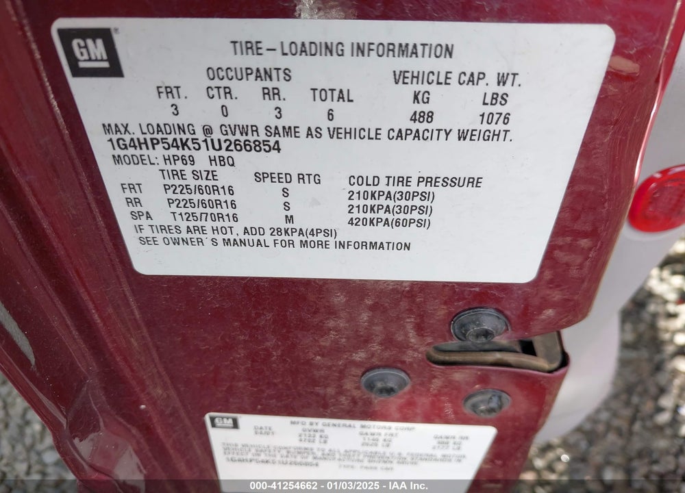 2001 BUICK LESABRE CUSTOM VIN: 1G4HP54K51U266854