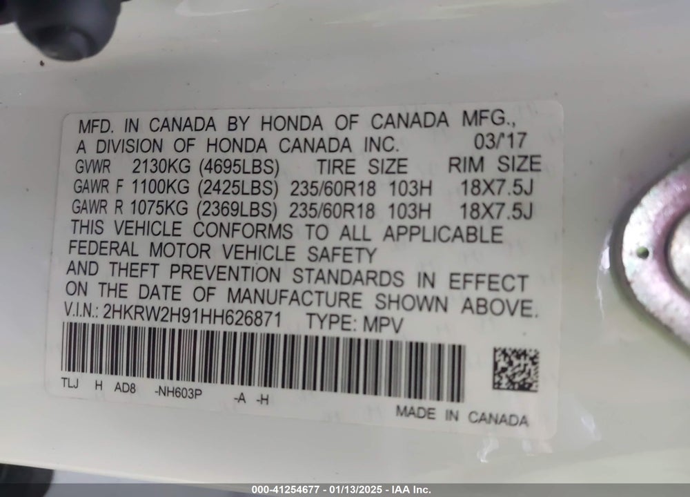 2017 HONDA CR-V TOURING VIN: 2HKRW2H91HH626871