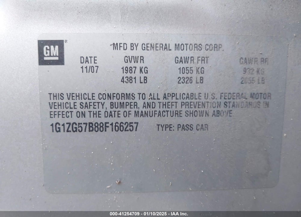 2008 CHEVROLET MALIBU LS VIN: 1G1ZG57B88F166257