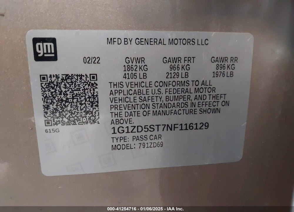 2022 CHEVROLET MALIBU VIN: 1G1ZD5ST7NF116129