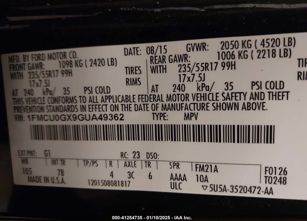 2016 FORD ESCAPE SE VIN: 1FMCU0GX9GUA49362