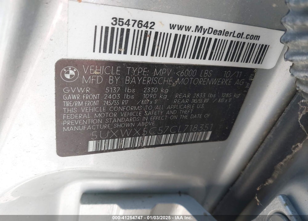 2012 BMW X3 XDRIVE28I VIN: 5UXWX5C57CL718351