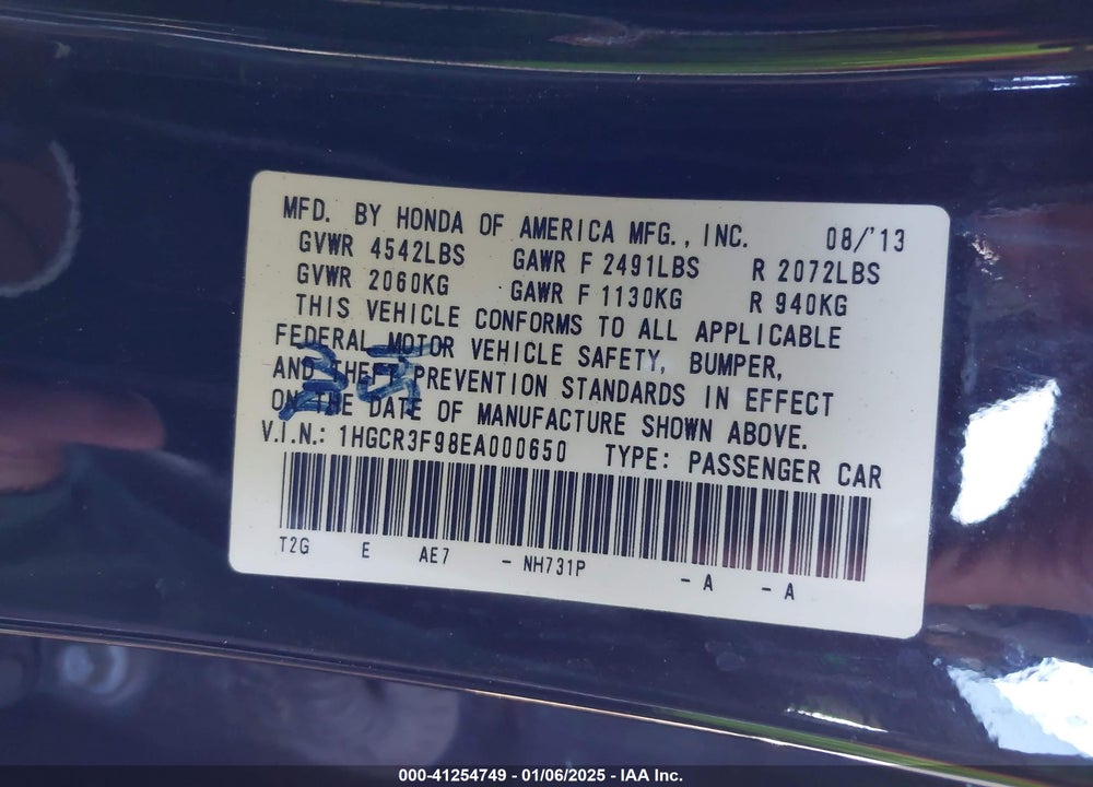 2014 HONDA ACCORD TOURING VIN: 1HGCR3F98EA000650