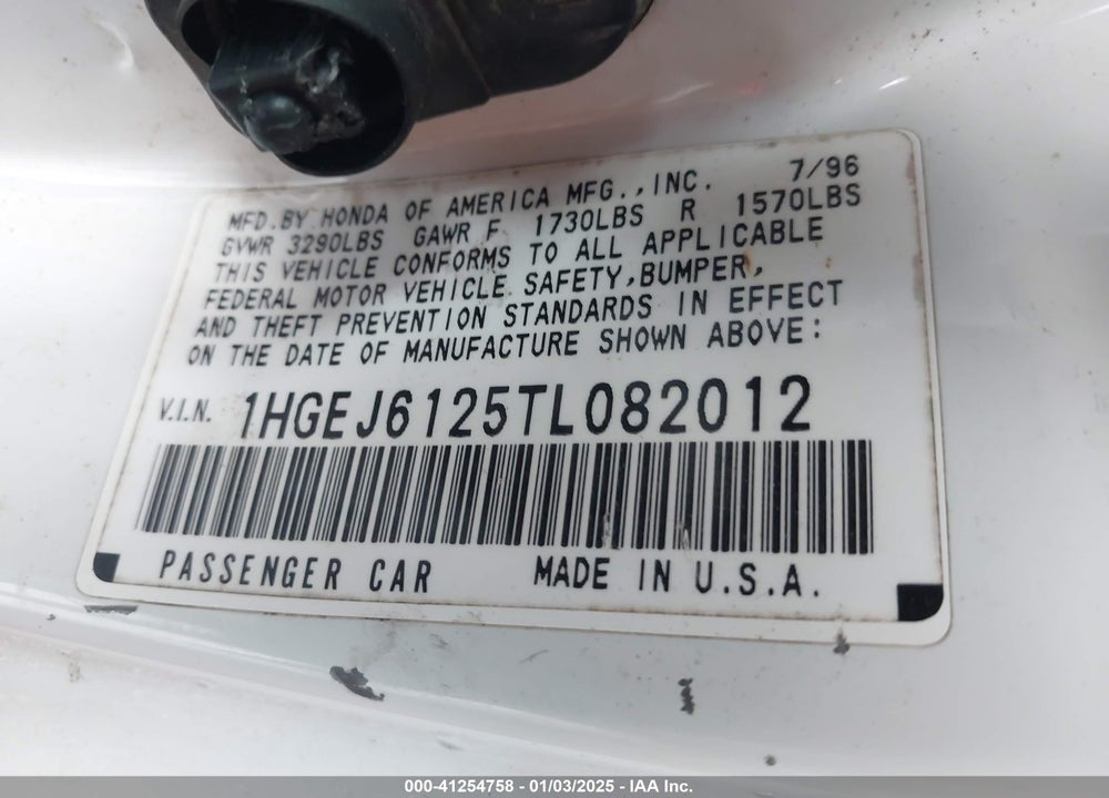 1996 HONDA CIVIC DX VIN: 1HGEJ6125TL082012
