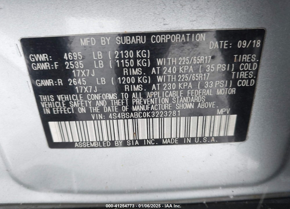 2019 SUBARU OUTBACK VIN: 4S4BSABC0K3223281