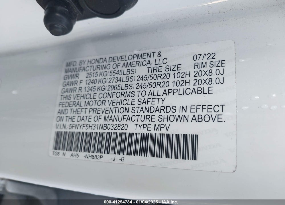 2022 HONDA PILOT 2WD SPORT VIN: 5FNYF5H31NB032820