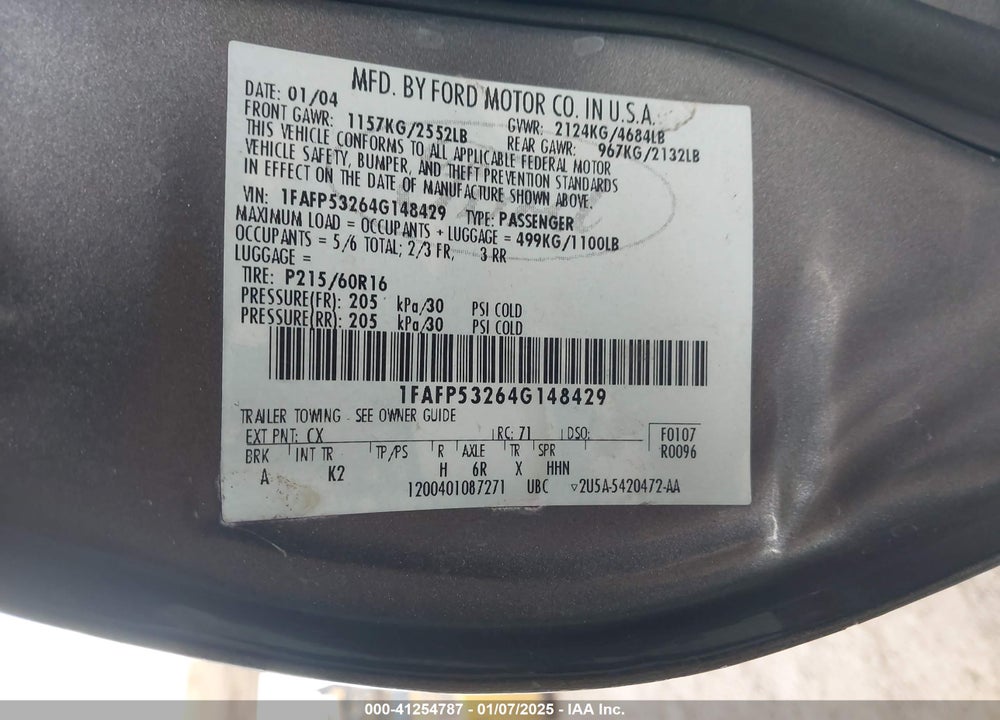 2004 FORD TAURUS SE VIN: 1FAFP53264G148429