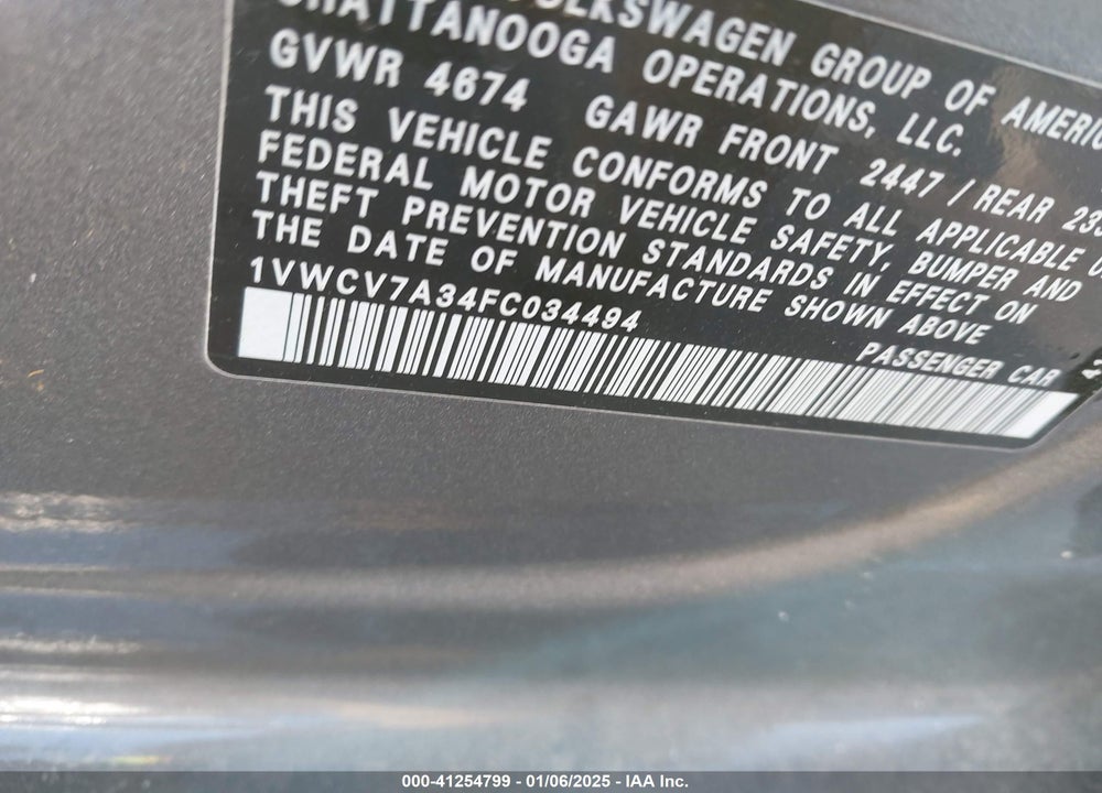 2015 VOLKSWAGEN PASSAT VIN: 1VWCV7A34FC034494