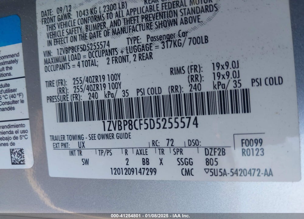 2013 FORD MUSTANG VIN: 1ZVBP8CF5D5255574