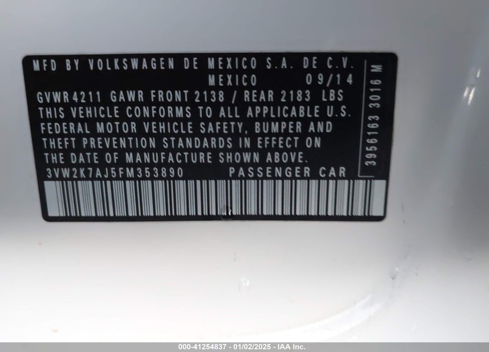 2015 VOLKSWAGEN JETTA 2.0L S VIN: 3VW2K7AJ5FM353890