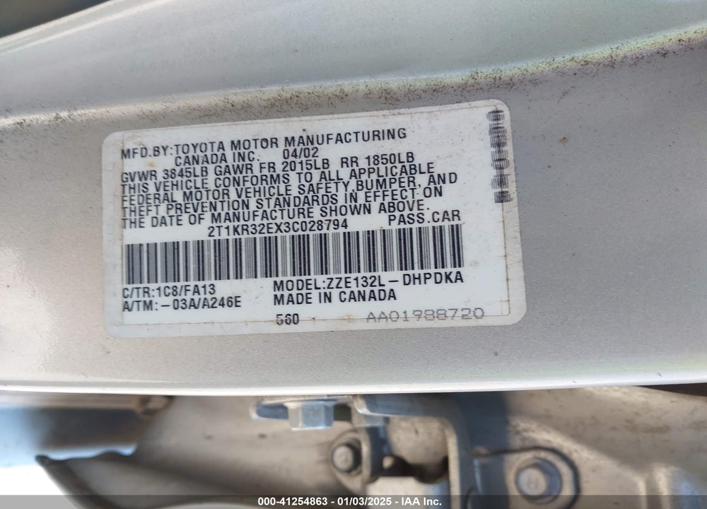 2003 TOYOTA MATRIX STANDARD VIN: 2T1KR32EX3C028794
