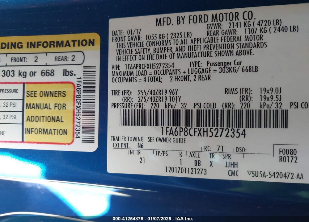 2017 FORD MUSTANG GT VIN: 1FA6P8CFXH5272354