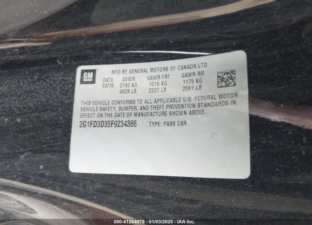 2015 CHEVROLET CAMARO VIN: 2G1FD3D35F9234386