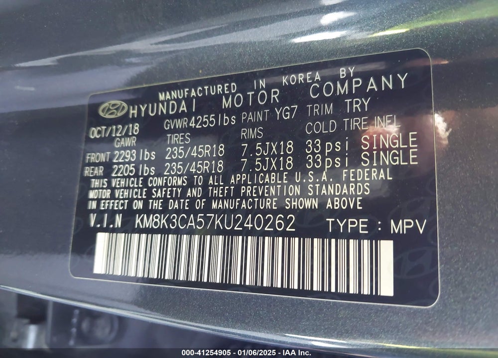 2019 HYUNDAI KONA LIMITED VIN: KM8K3CA57KU240262