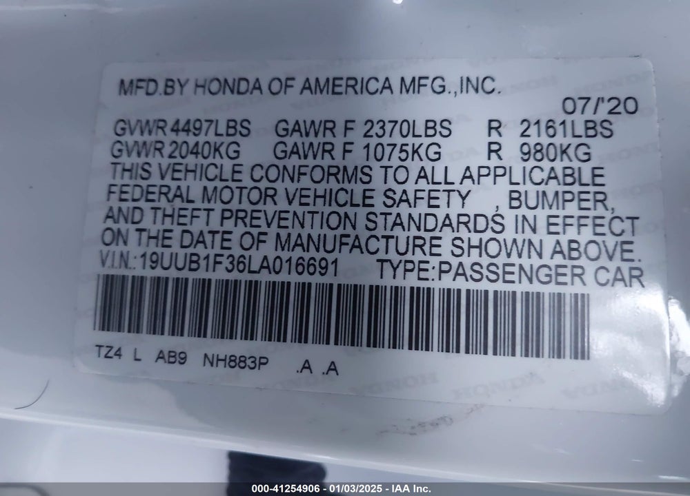 2020 ACURA TLX STANDARD VIN: 19UUB1F36LA016691