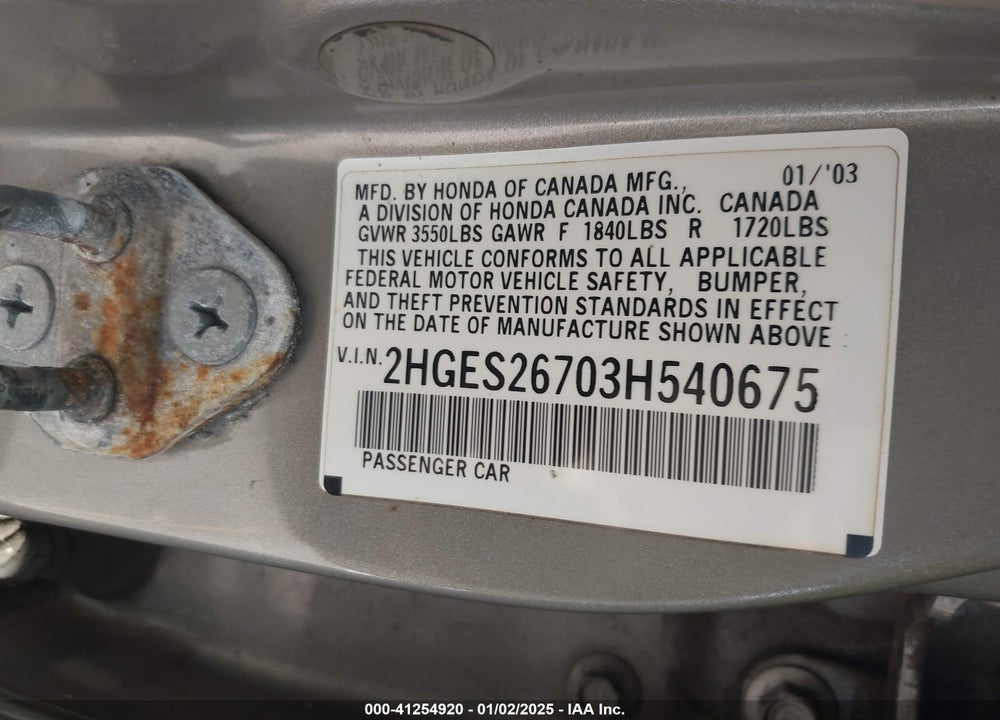 2003 HONDA CIVIC EX VIN: 2HGES26703H540675