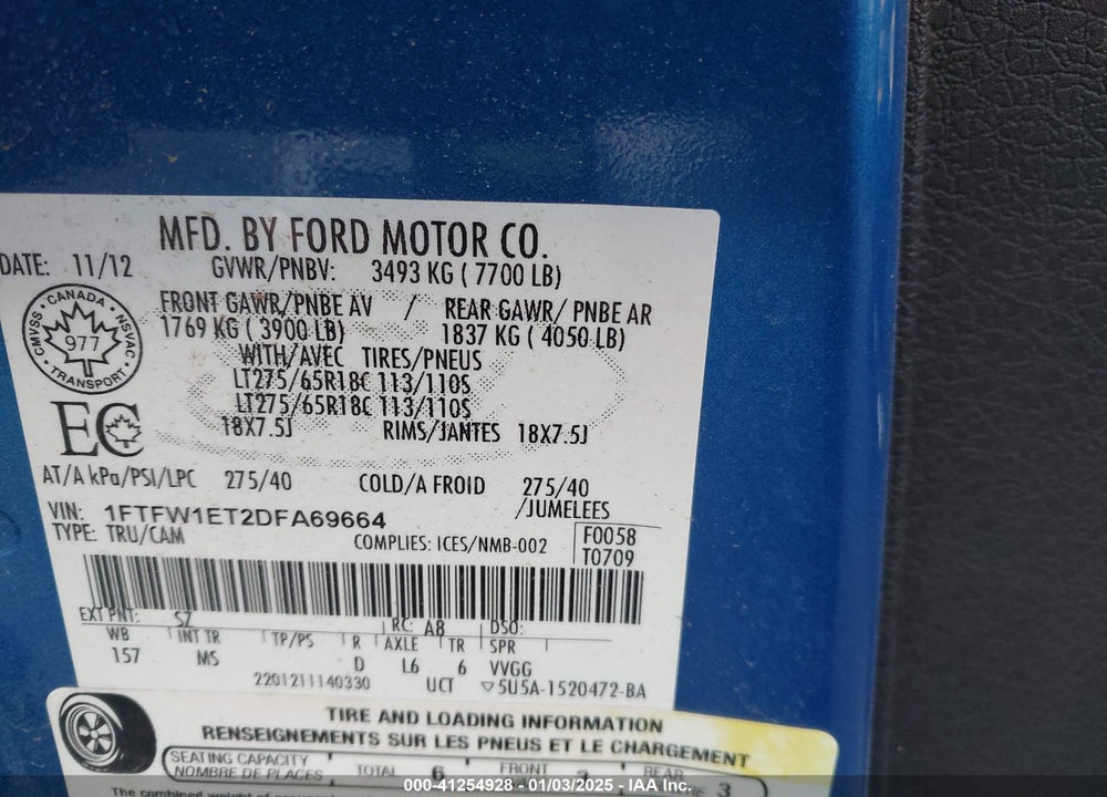 2013 FORD F-150 VIN: 1FTFW1ET2DFA69664