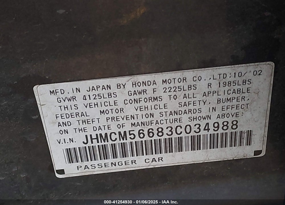 2003 HONDA ACCORD 2.4 EX VIN: JHMCM56683C034988