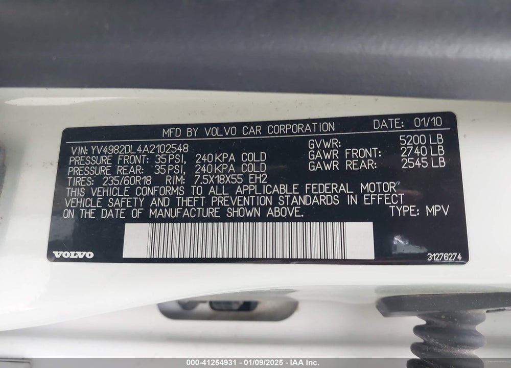2010 VOLVO XC60 3.2 VIN: YV4982DL4A2102548