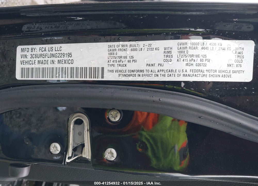 2022 RAM 2500 VIN: 3C6UR5FL0NG229195