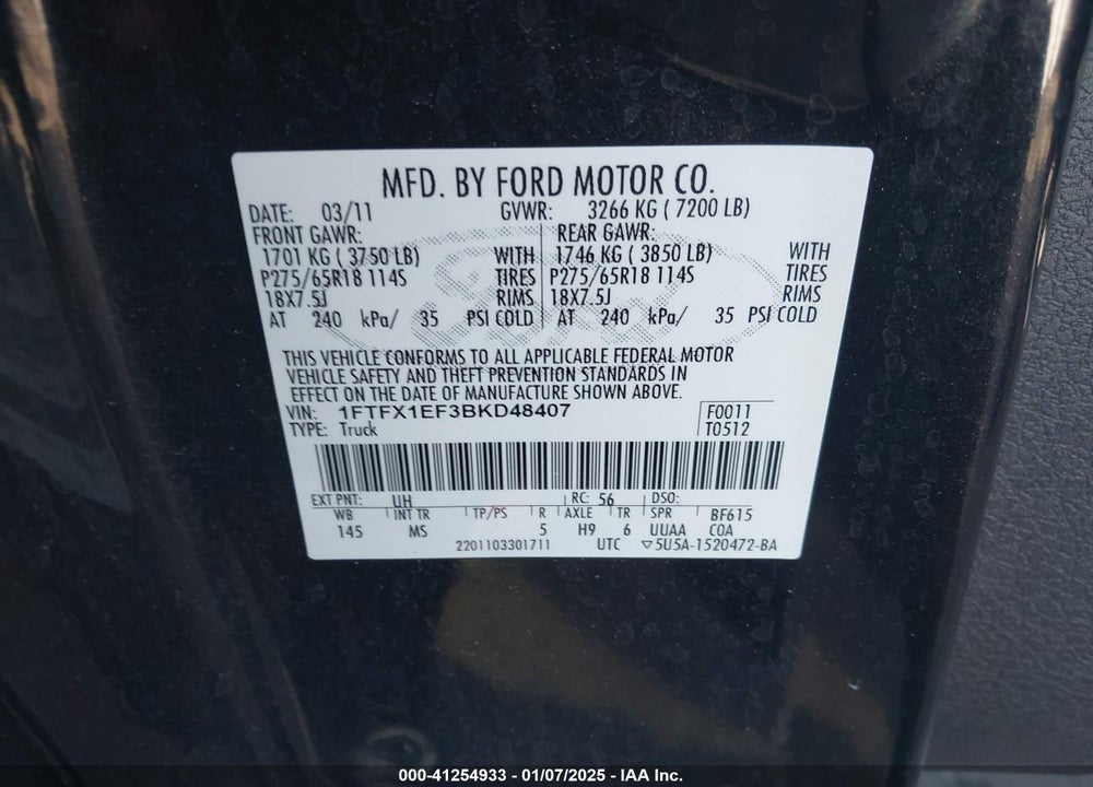 2011 FORD F-150 XLT VIN: 1FTFX1EF3BKD48407