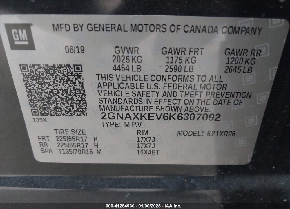 2019 CHEVROLET EQUINOX LT VIN: 2GNAXKEV6K6307092