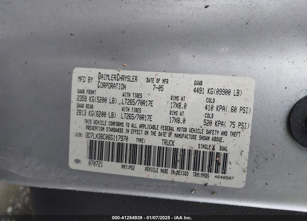 2006 DODGE RAM 3500 SLT/SPORT VIN: 3D7LX38C06G117970