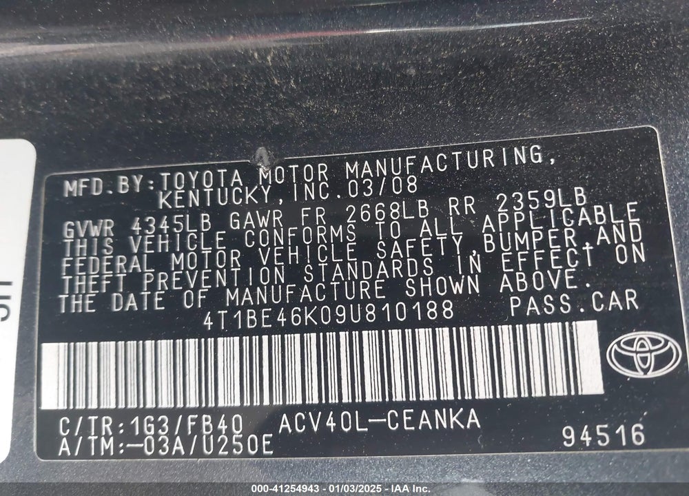 2009 TOYOTA CAMRY LE VIN: 4T1BE46K09U810188
