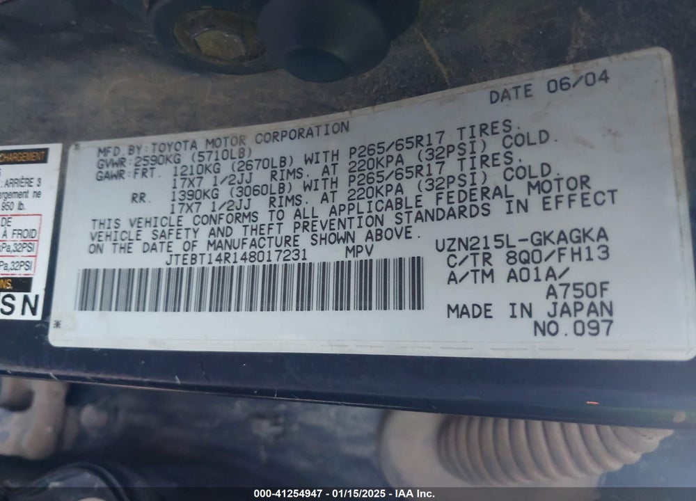 2004 TOYOTA 4RUNNER SR5 SPORT V8 VIN: JTEBT14R148017231