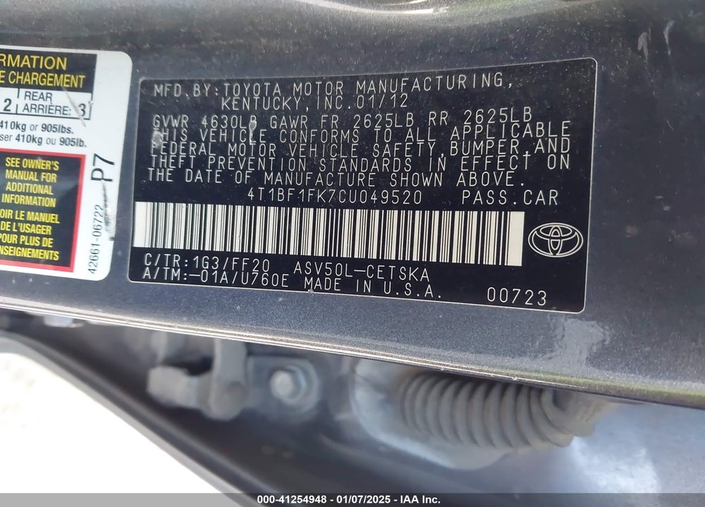 2012 TOYOTA CAMRY SE VIN: 4T1BF1FK7CU049520