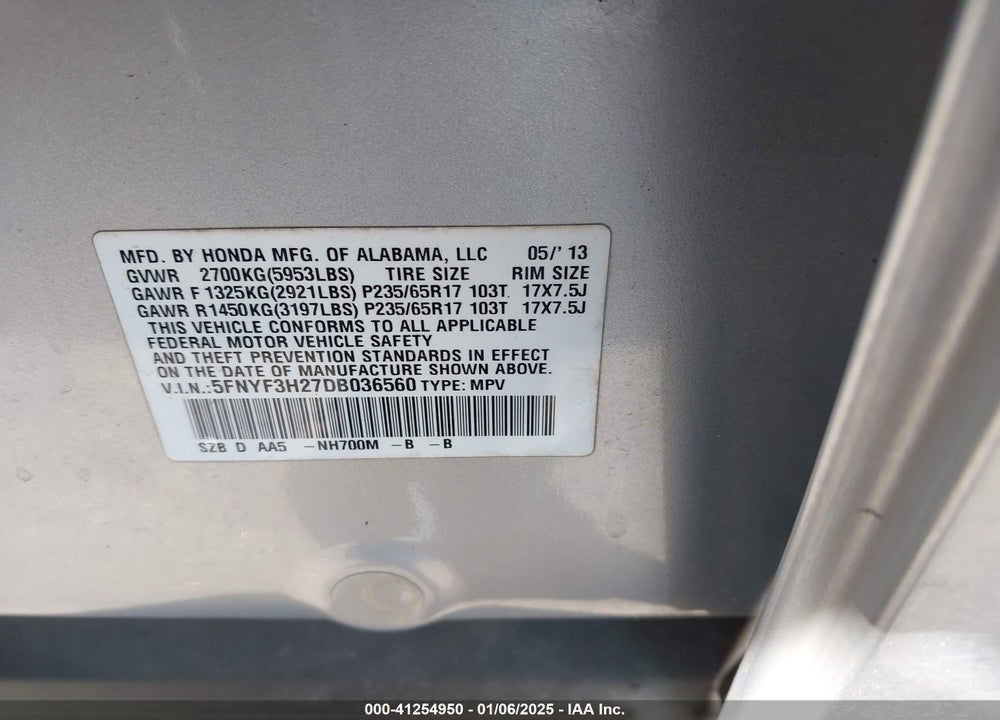 2013 HONDA PILOT VIN: 5FNYF3H27DB036560