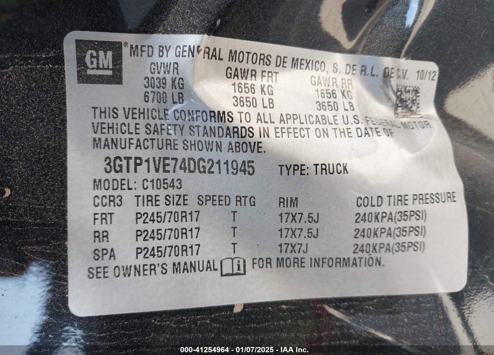 2013 GMC SIERRA VIN: 3GTP1VE74DG211945