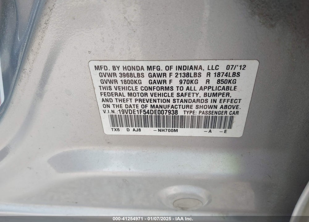 2013 ACURA ILX 2.0L VIN: 19VDE1F54DE007938
