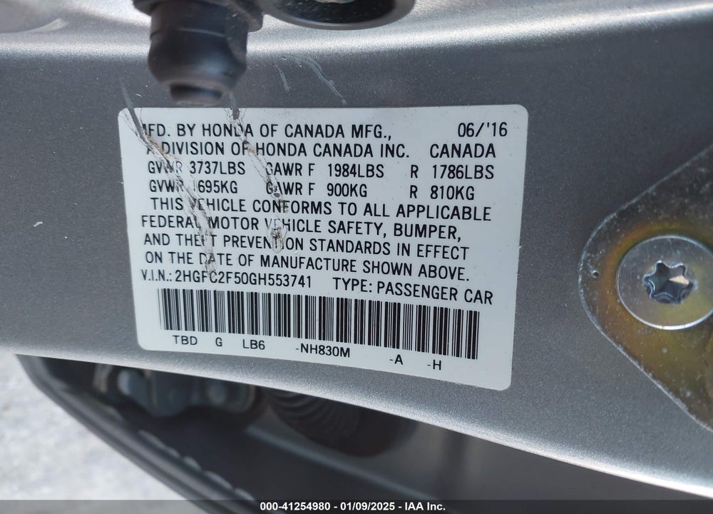 2016 HONDA CIVIC VIN: 2HGFC2F50GH553741