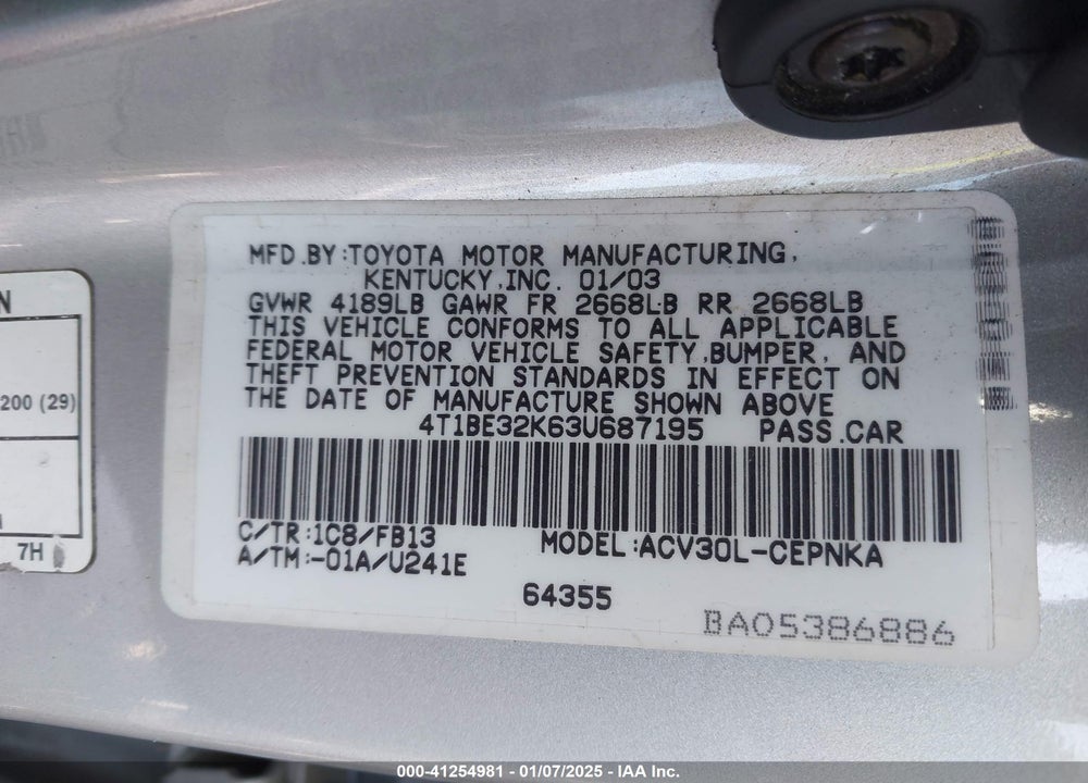 2003 TOYOTA CAMRY LE VIN: 4T1BE32K63U687195