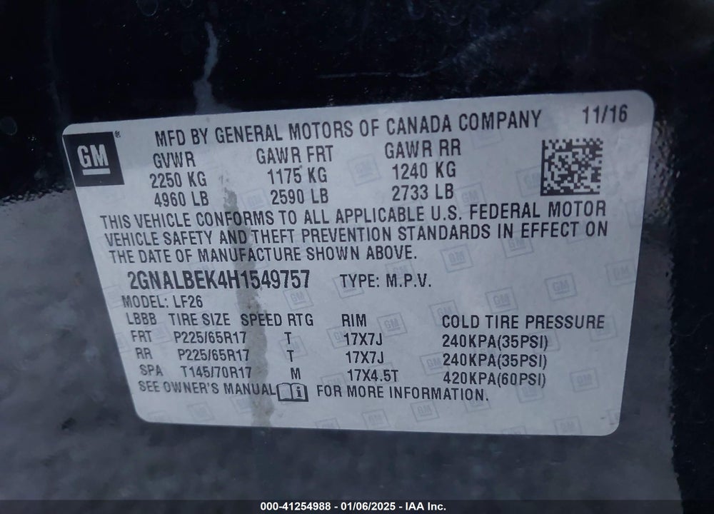 2017 CHEVROLET EQUINOX VIN: 2GNALBEK4H1549757