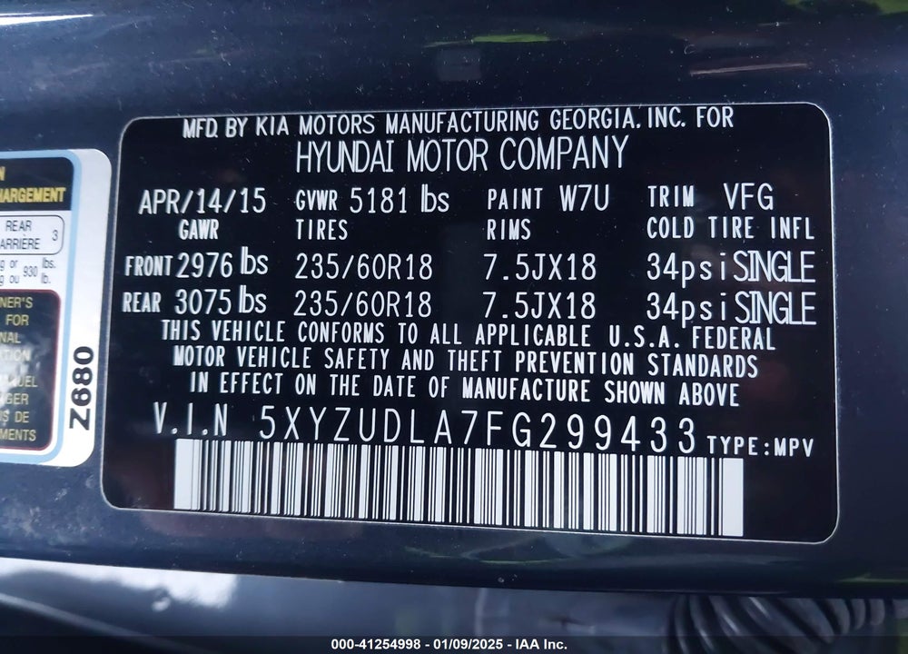 2015 HYUNDAI SANTA FE SPORT 2.0L TURBO VIN: 5XYZUDLA7FG299433