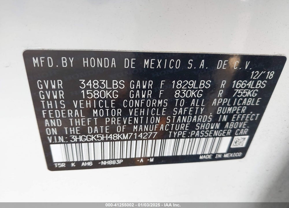 2019 HONDA FIT LX VIN: 3HGGK5H48KM714277