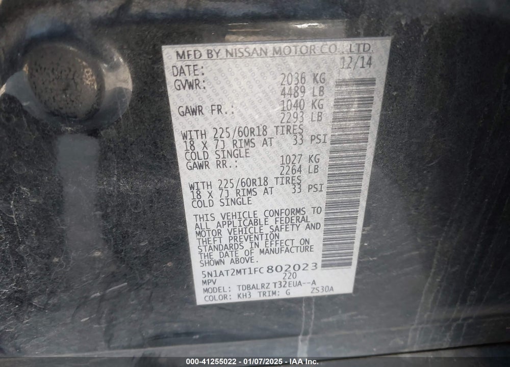 2015 NISSAN ROGUE SL VIN: 5N1AT2MT1FC802023