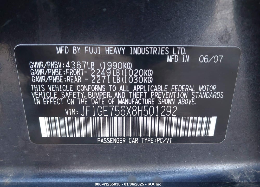 2008 SUBARU IMPREZA WRX VIN: JF1GE756X8H501292