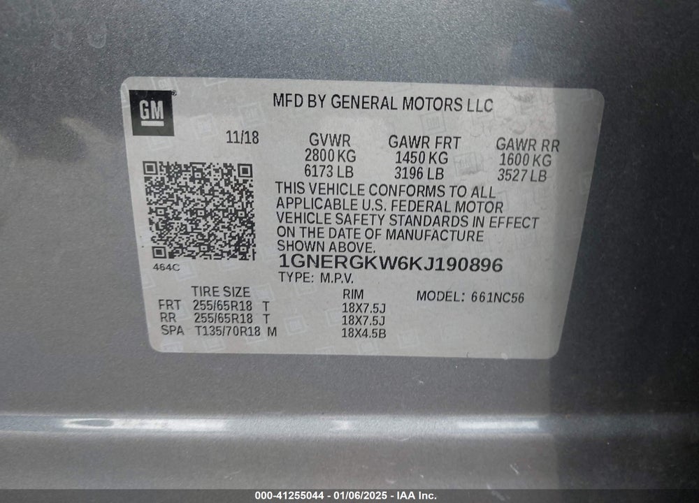2019 CHEVROLET TRAVERSE 1LT VIN: 1GNERGKW6KJ190896