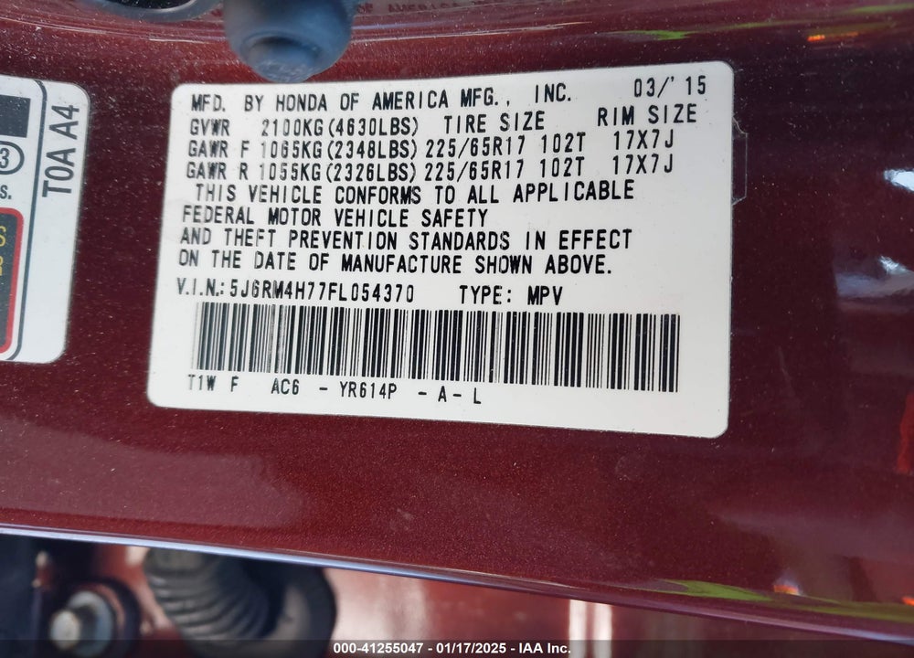 2015 HONDA CR-V EX-L VIN: 5J6RM4H77FL054370