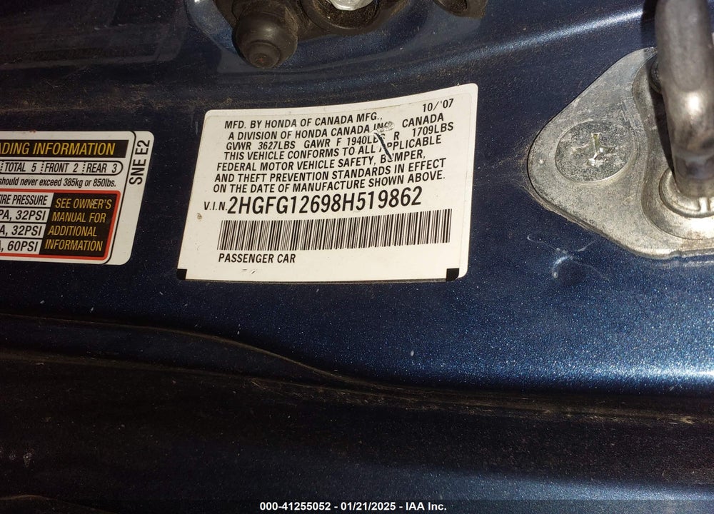 2008 HONDA CIVIC LX VIN: 2HGFG12698H519862