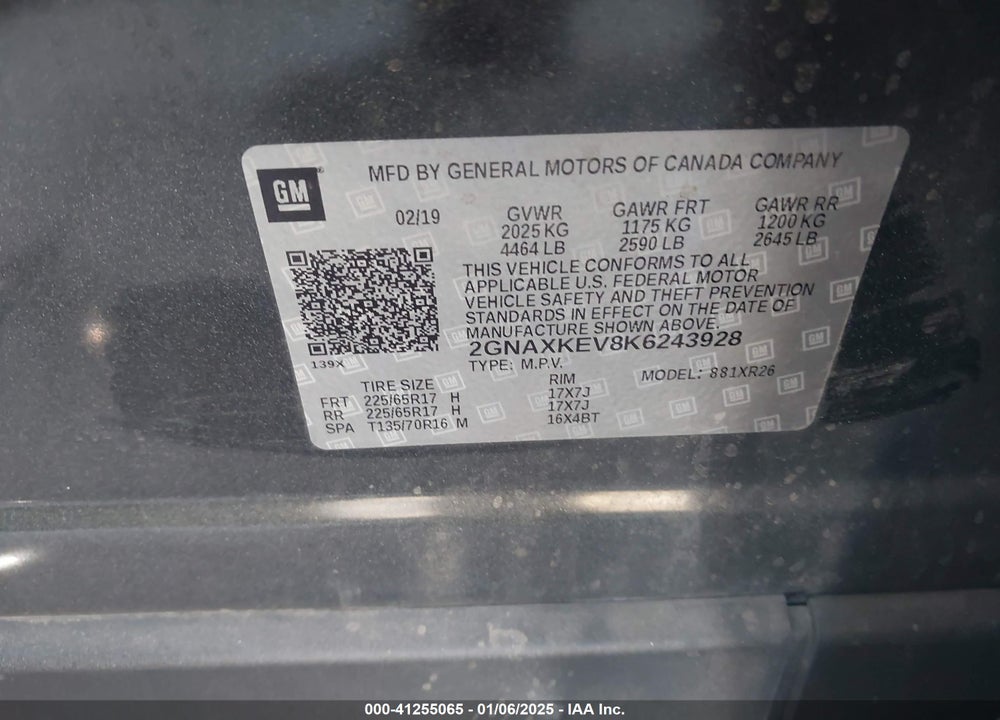2019 CHEVROLET EQUINOX VIN: 2GNAXKEV8K6243928