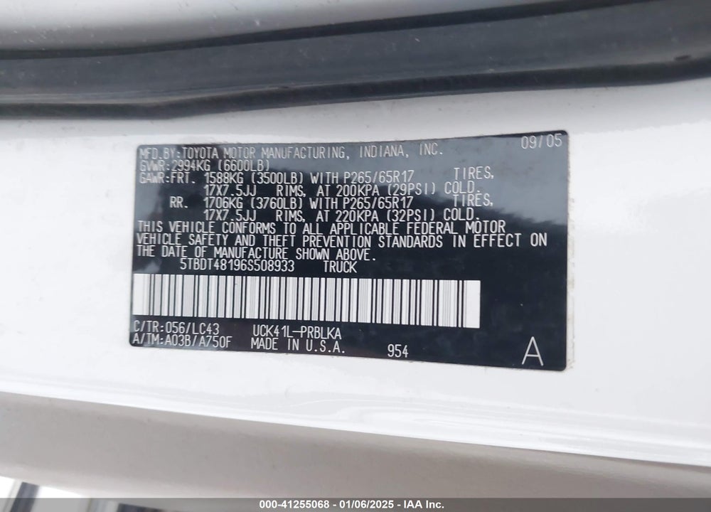 2006 TOYOTA TUNDRA VIN: 5TBDT48196S508933