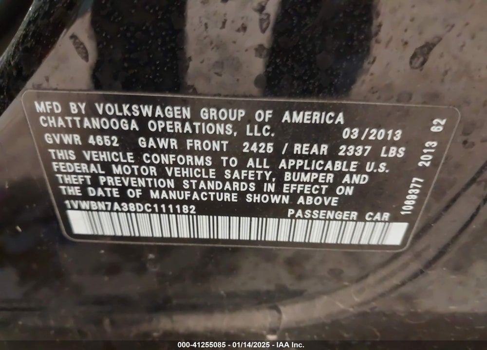 2013 VOLKSWAGEN PASSAT 2.0L TDI SE VIN: 1VWBN7A38DC111182