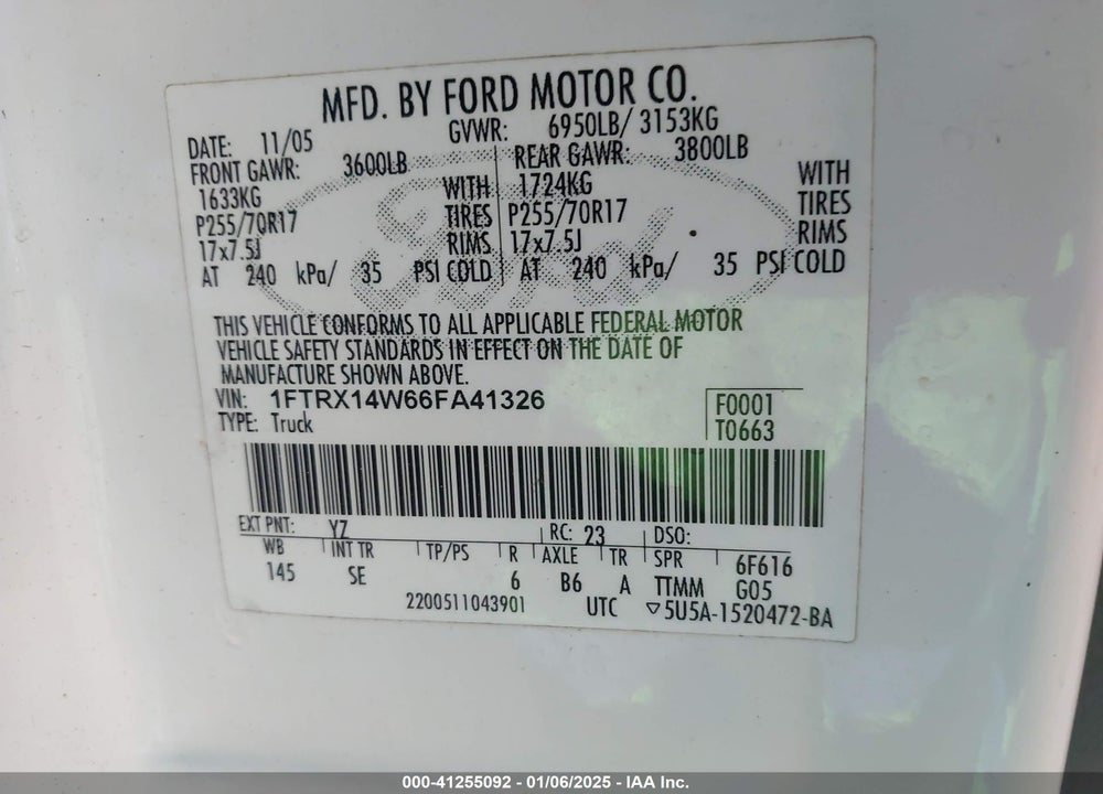2006 FORD F-150 STX/XL/XLT VIN: 1FTRX14W66FA41326