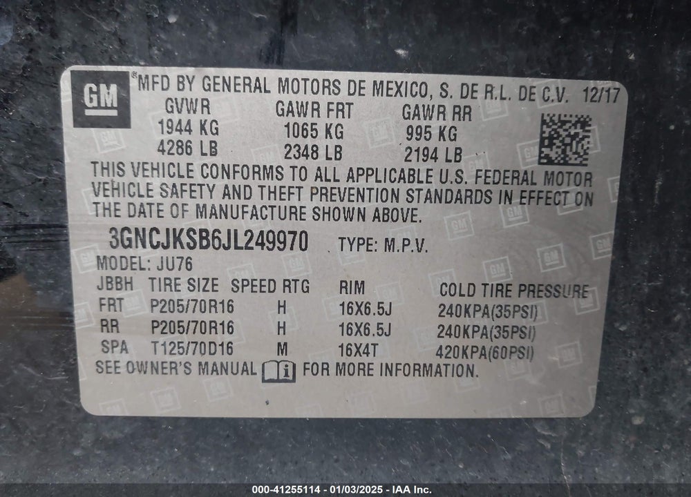2018 CHEVROLET TRAX LS VIN: 3GNCJKSB6JL249970